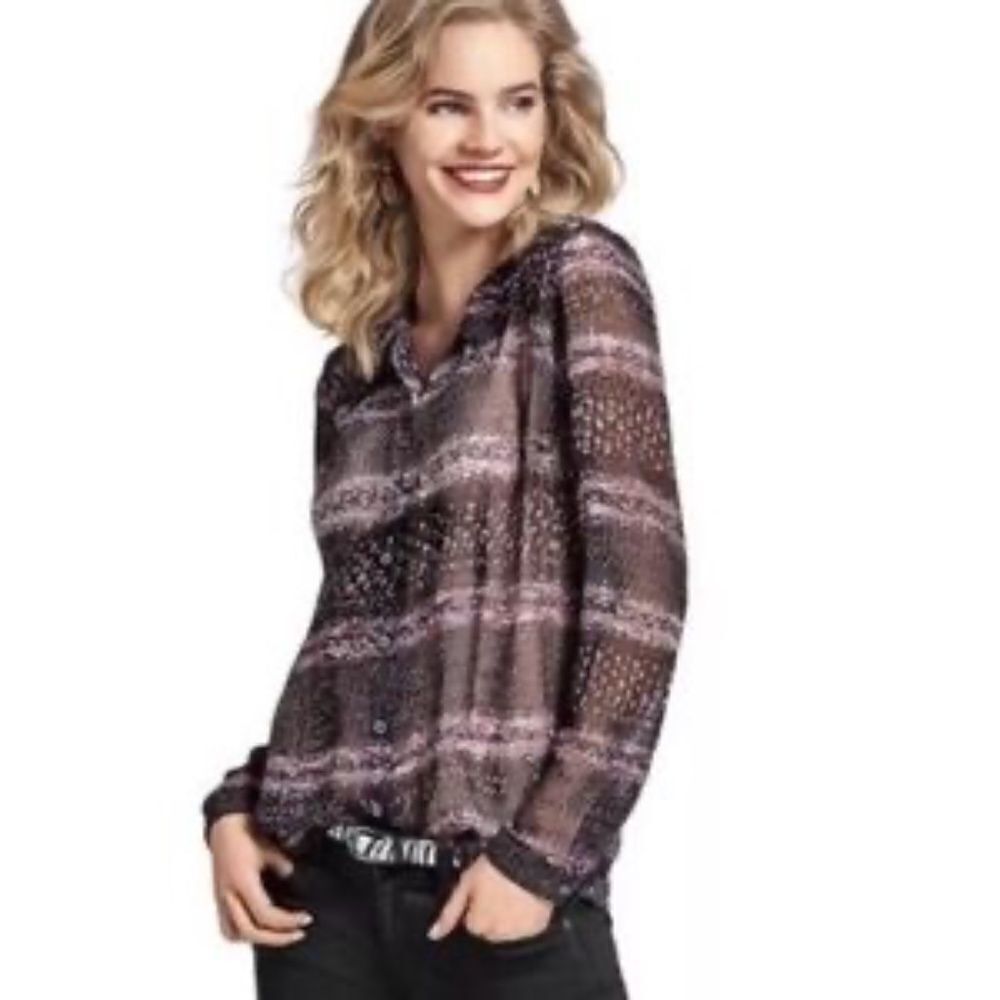 CABI 3249 Paris Calligraphy Brush Sheer Blouse Top Large